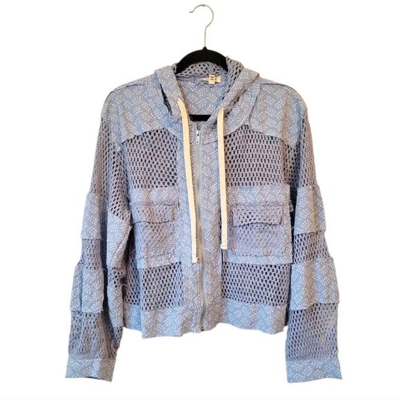 POL Women's Light Blue Cotton Boho Open Knit Eyelet Zip Up Hoodie Size M - Picture 1 of 5